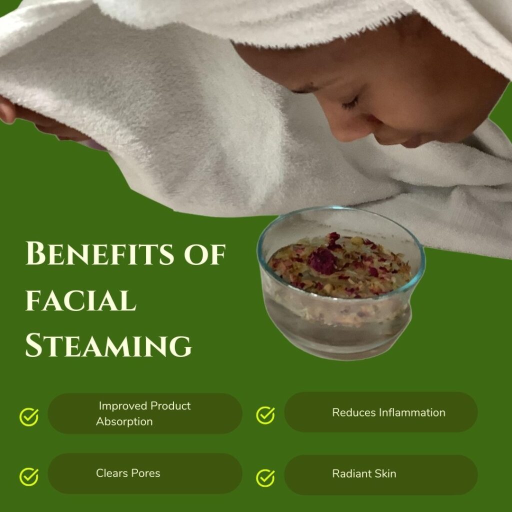 facial steaming benefits with model steaming face over bowl of herbs