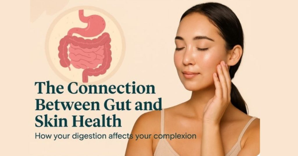 The gut-health connection image featuring a woman with clear skin and an image of a gut