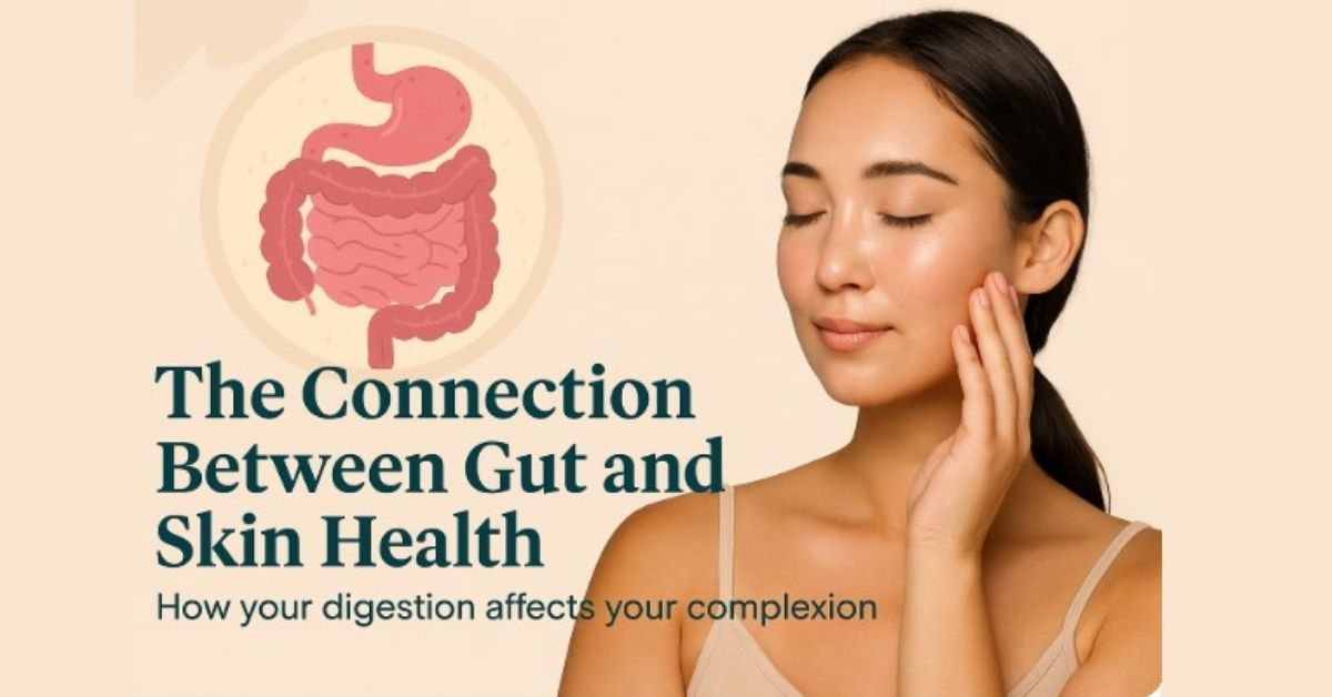 The gut-health connection image featuring a woman with clear skin and an image of a gut