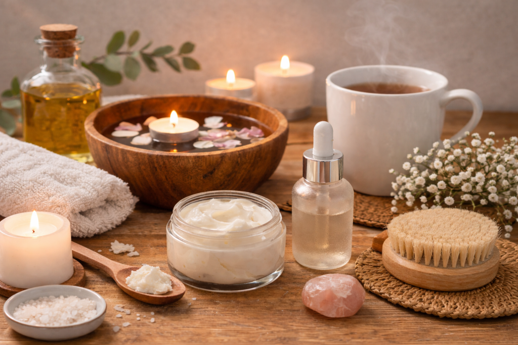 flatlay of essential daily skincare rituals including tea, body butter, and body oils