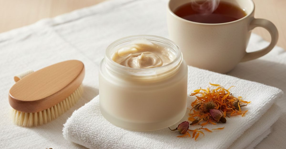 Flatlay of winter skincare essentials including a jar of body butter, dried flowers, a wooden brush, herbal tea, and a soft towel on a light background.