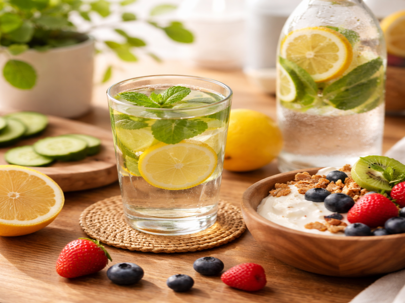 lemon mint water in a glass surrounded by berries and a lemon, and a bowl of yogurt