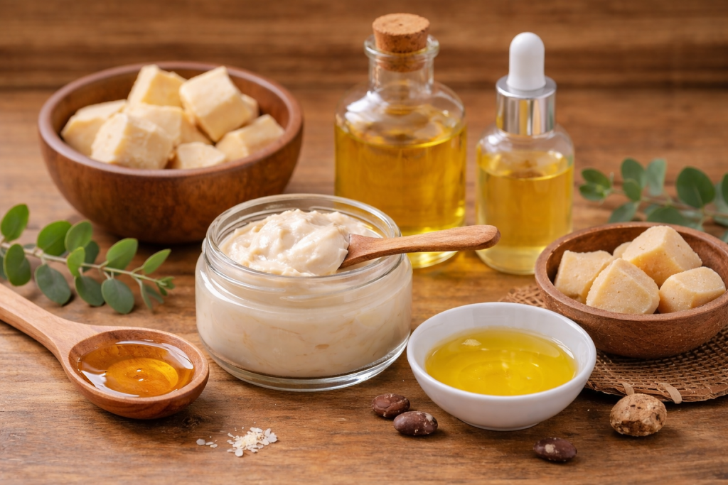 top ingredients for winter skincare flatlay of shea butter, cocoa butter, meadowfoam oil and rich bran oil