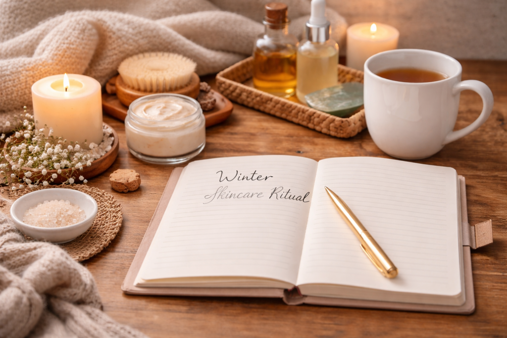scene of a winter skincare ritual featuring an open journal and cup of tea