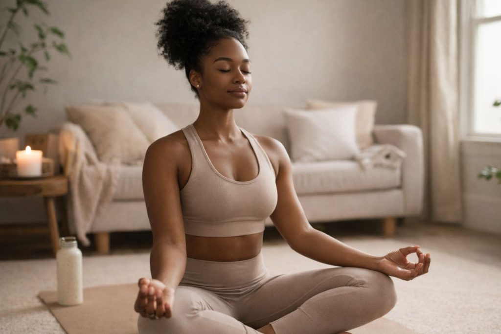 woman sitting cross-legged practicing yoga in a calm living room setting
