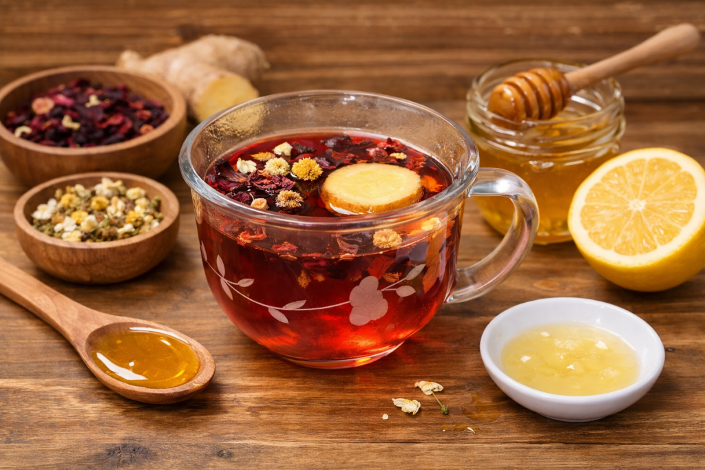 hydrating winter elixir with hibiscus, ginger, chamomile, lemon and honey