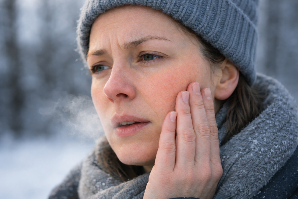woman with dry winter skin touching her cheek