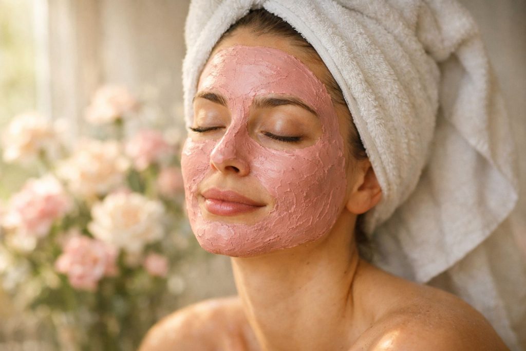 A woman with a rose clay face mask and towel wrap, enjoying a calming skincare ritual.