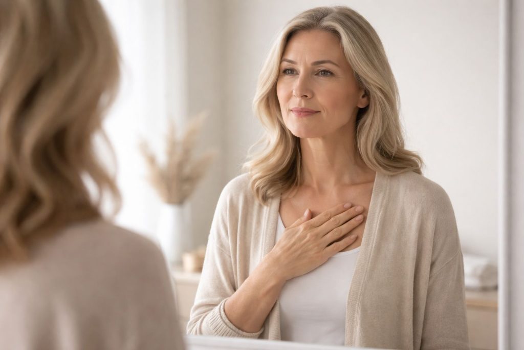 A woman practicing self-love by connecting with her reflection in the mirror, hand over heart in a moment of quiet affirmation.