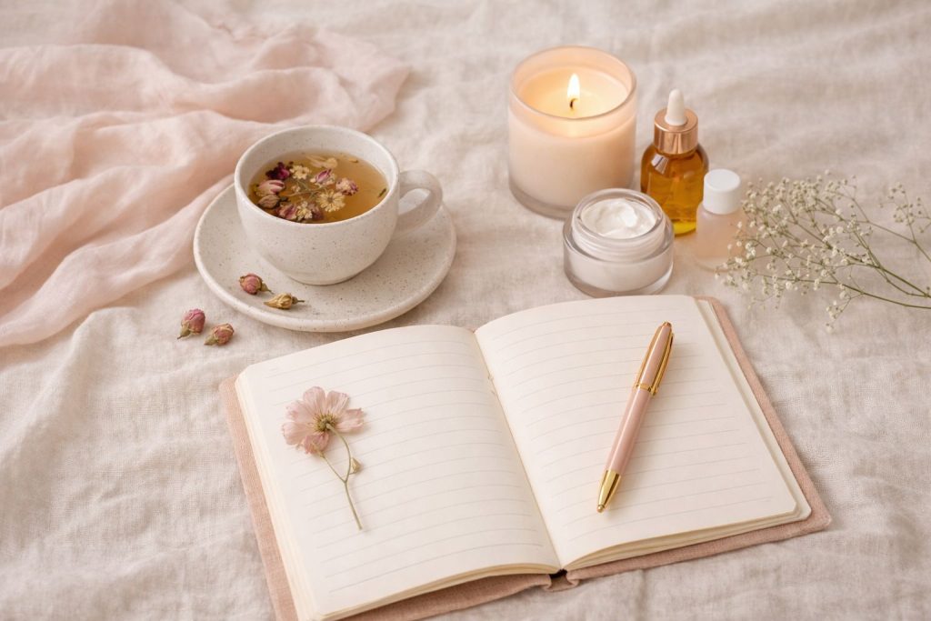 Flat lay of a cozy self-care scene with tea, journal, candle, and natural skincare products—evoking a calming February ritual.