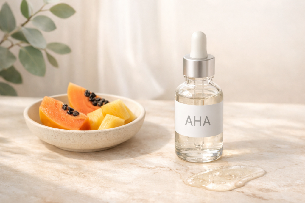 Glass dropper bottle labeled AHA serum beside papaya and pineapple slices with a serum swatch on marble, illustrating chemical exfoliation for a physical vs chemical exfoliation skincare guide.