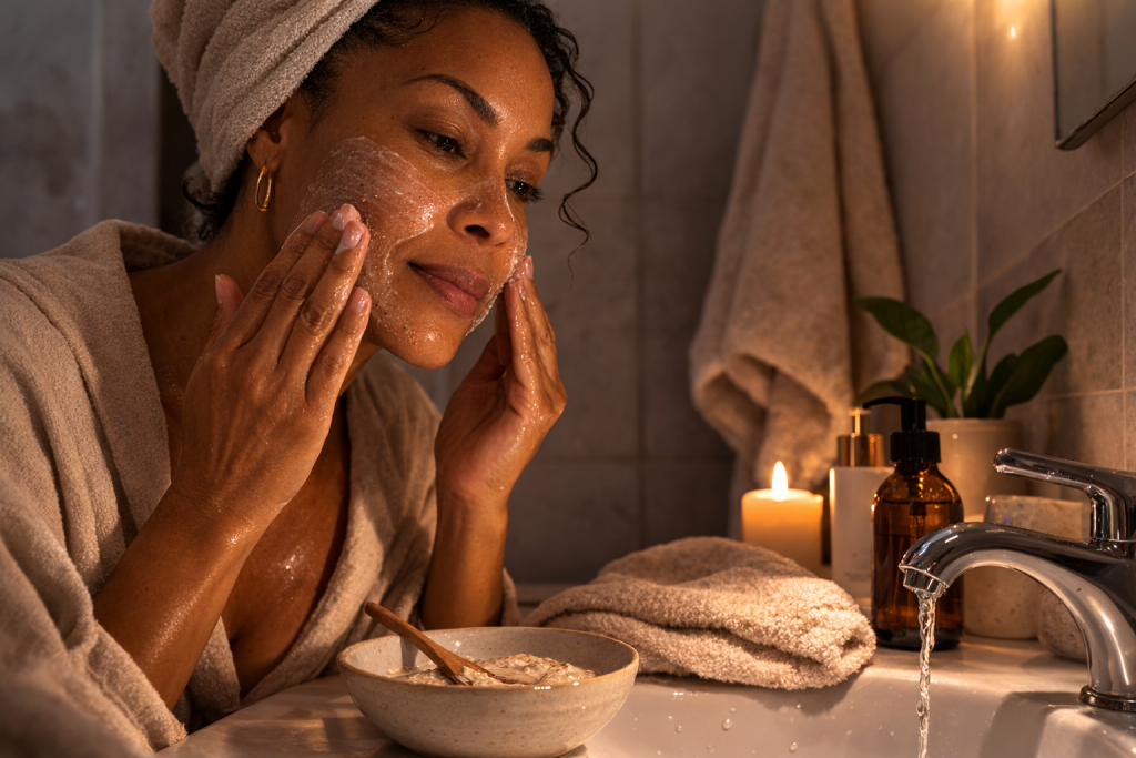 Woman in her late 40s gently applying a creamy facial mask during a calm evening skincare ritual over a bathroom sink, warm soft lighting, natural skin texture visible, ceramic bowl and towel nearby.