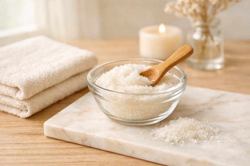 Fine sugar scrub in a glass bowl with a bamboo spoon and folded linen towel in a warm spa setting, representing physical exfoliation in the guide “Physical vs Chemical Exfoliation: How to Choose.”