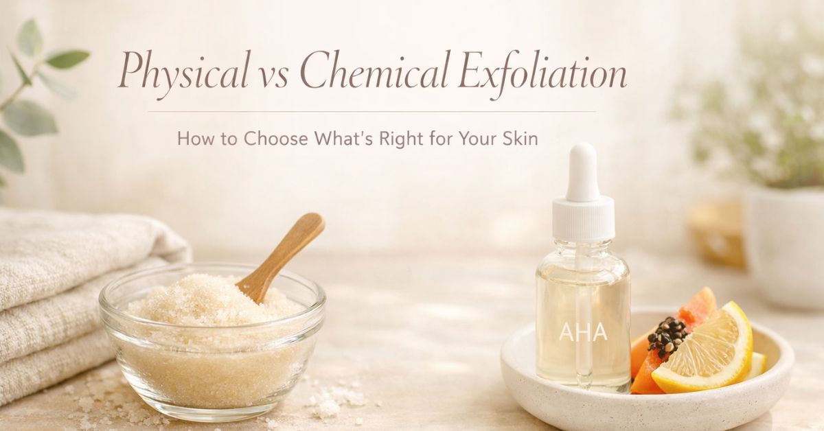 Physical vs chemical exfoliation comparison featuring a natural sugar scrub with wooden spoon and an AHA serum dropper bottle with fruit slices in a soft, spa-inspired bathroom setting.