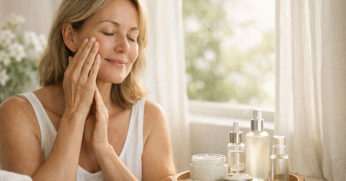 Woman in her late 40s with natural, radiant skin gently applying moisturizer to her face beside a sunlit window, with glass skincare bottles arranged on a wooden tray and soft white flowers in the background, creating a light and peaceful spring skincare scene.