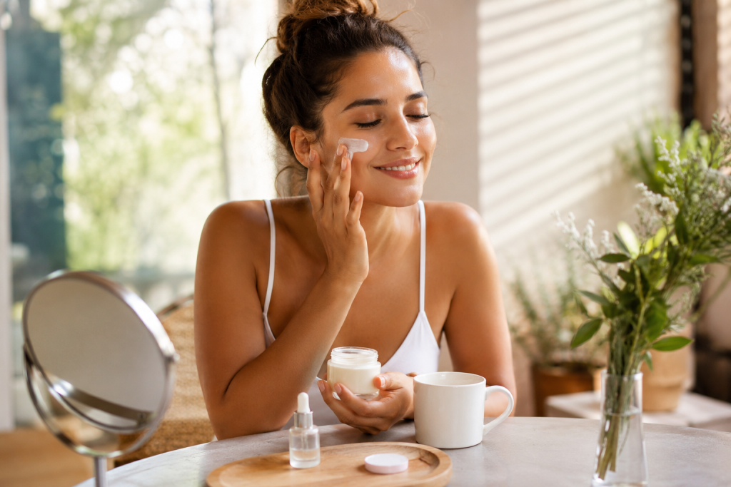 Woman enjoying a 5-minute summer self-care ritual by applying moisturizer for healthy, glowing skin in a bright natural setting.