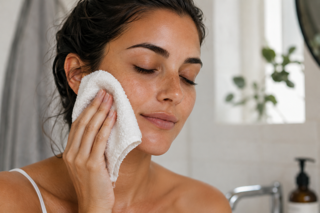 Close-up of a woman with eyes closed pressing a cool damp washcloth to her cheek, enjoying a calming skincare ritual in a sunlit minimalist bathroom.