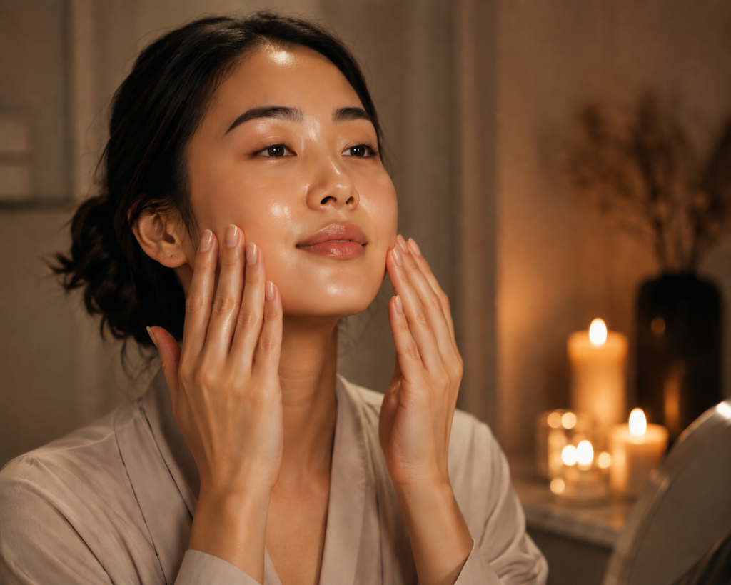 Woman performing a gentle upward facial massage with fingertips, soft warm candlelight in background, evening skincare routine, calm and luxurious atmosphere