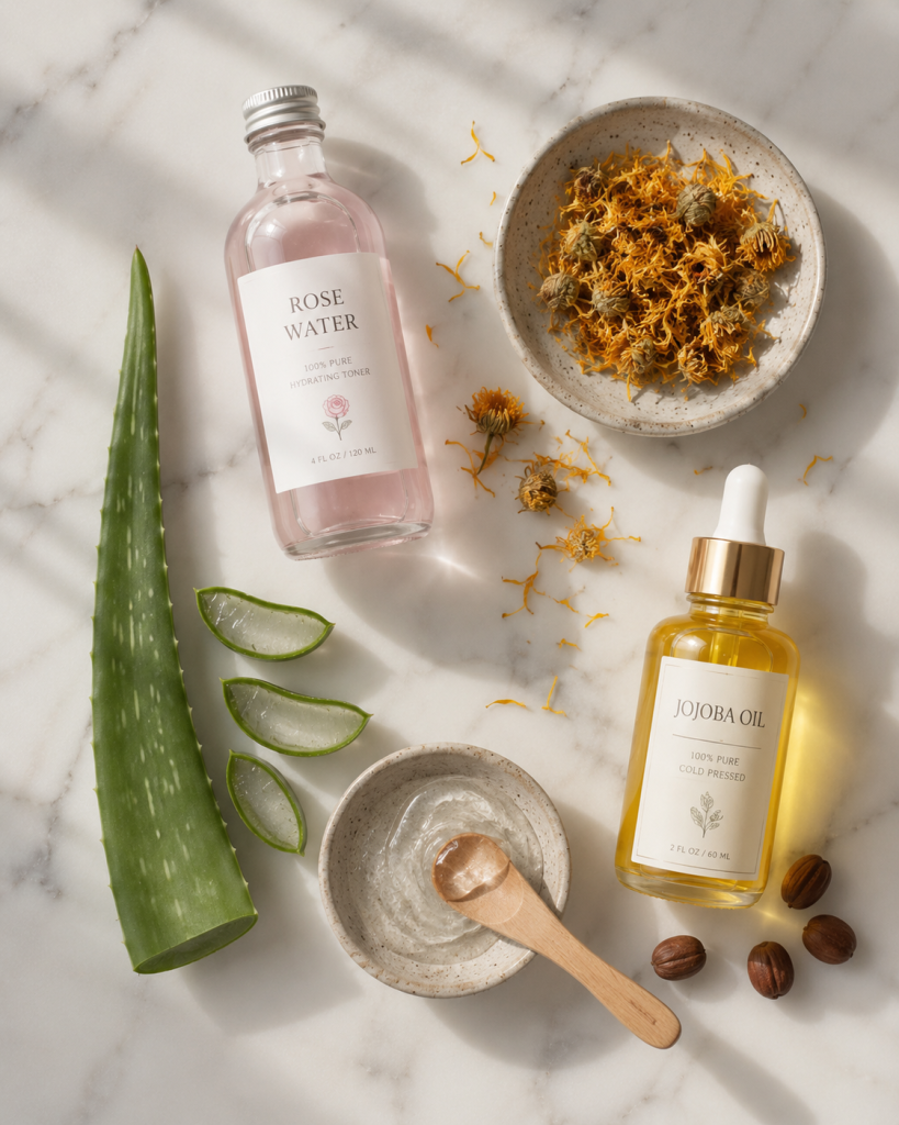Flat lay of natural skincare ingredients — fresh aloe vera leaf, small bottle of rose water, dried calendula flowers, and a small jar of jojoba oil — arranged on a white marble surface
