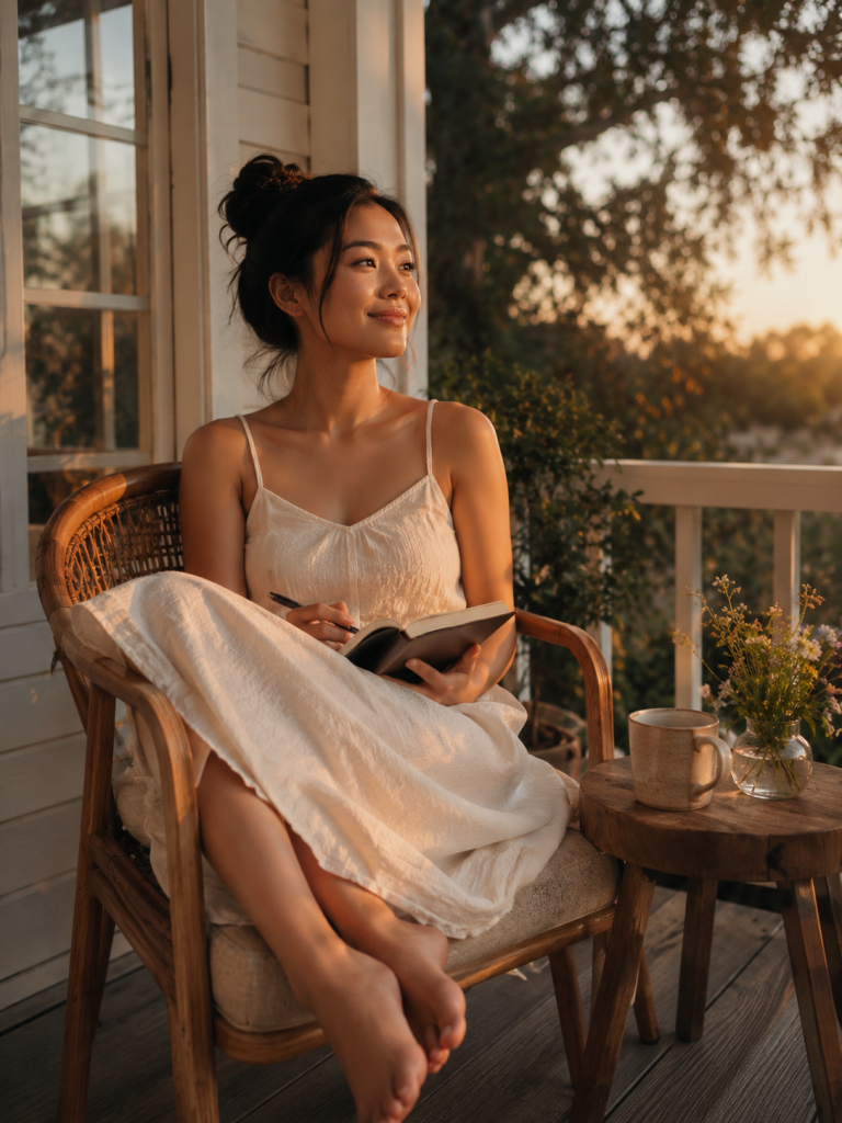 Woman sitting peacefully on a porch at golden hour, journal open in her lap, warm sunset light, soft smile, barefoot, relaxed summer evening, lifestyle photography, airy and calm