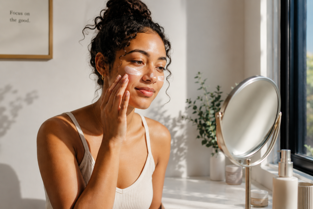 Woman applying facial sunscreen in front of a mirror during her morning skincare routine, illuminated by natural sunlight in a bright, minimalist bathroom.