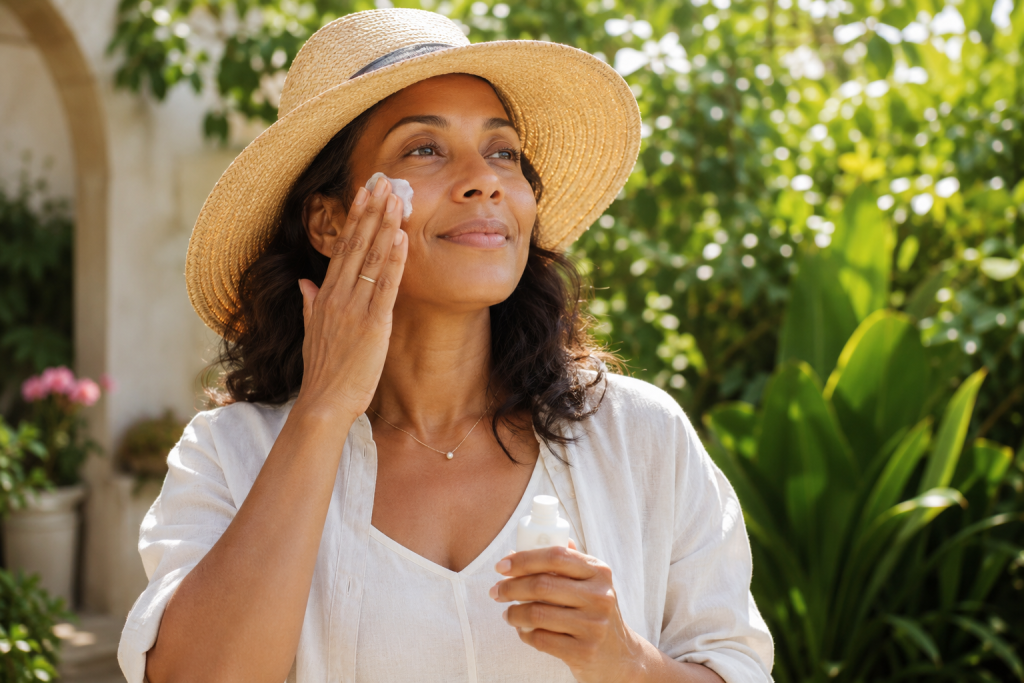 Woman applying sunscreen outdoors to avoid common summer skincare mistakes that can damage skin.