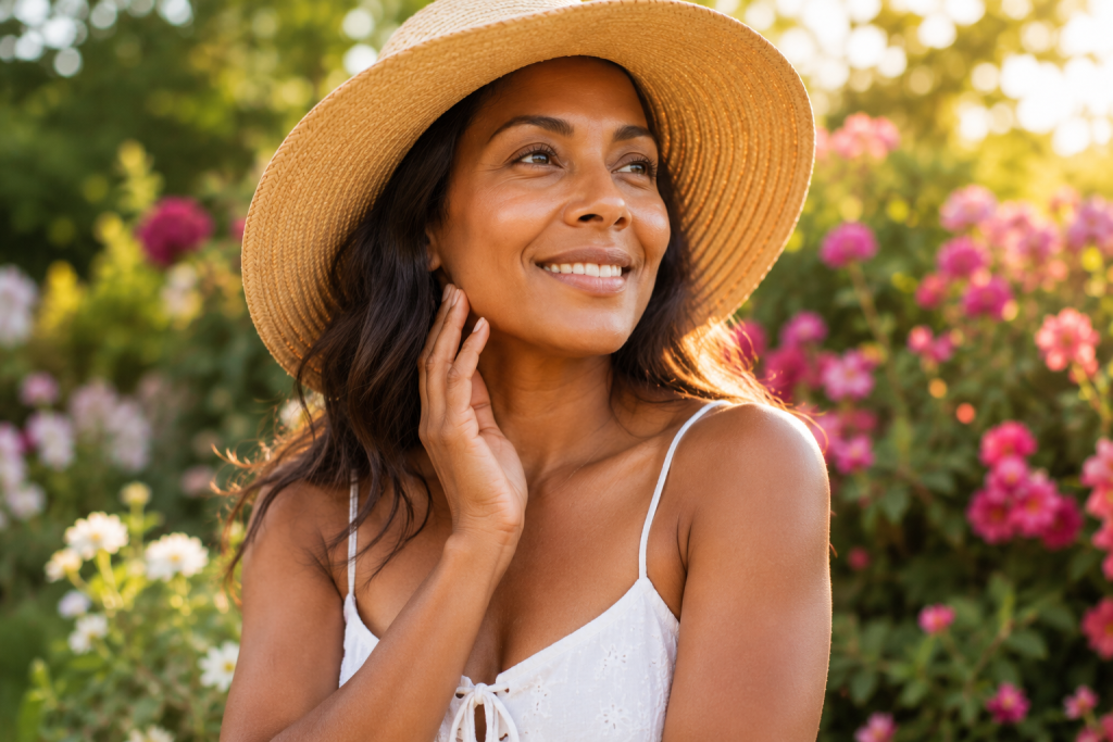 Woman with healthy glowing skin after following good summer skincare habits.